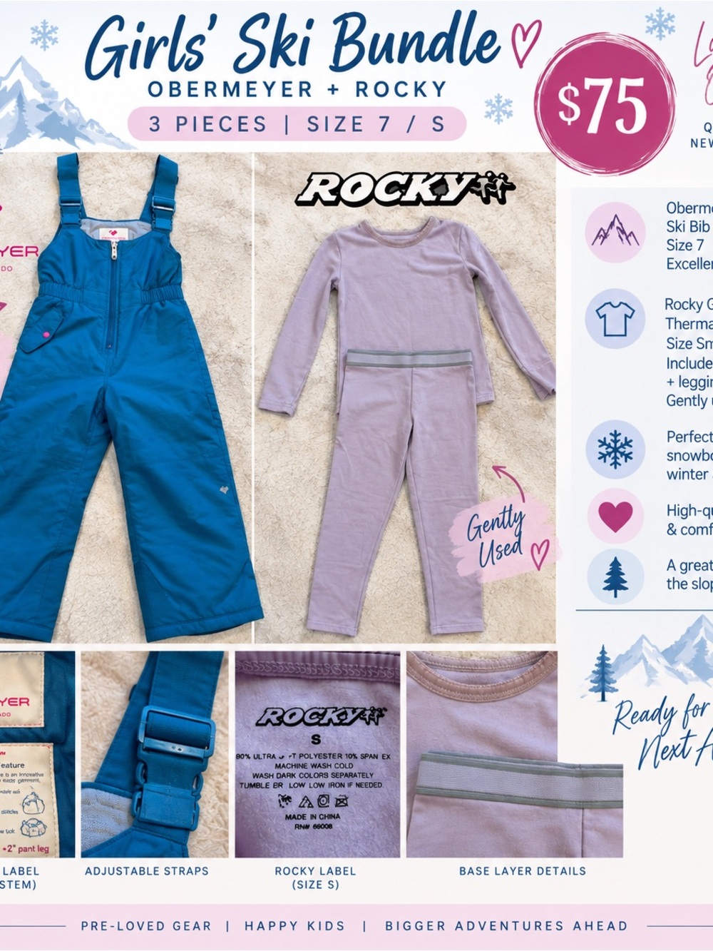 Obermeyer Girls Teal Ski Bib Overalls with Lavender Base Layer